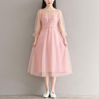 Set: 3/4-sleeve Sheer Midi Dress + Strappy Dress