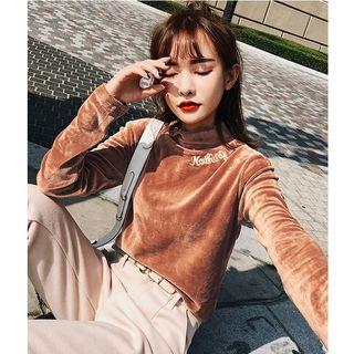 Letter Embroidered Velvet Long Sleeve T-shirt