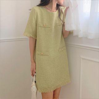 Elbow-sleeve Fray Hem Mini Dress