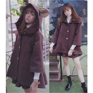 Set: Plain Collared Fleece-lined Jacket + Pleated Mini Skirt