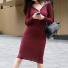 Long-sleeve Knit Sheath Dress Wine Red - One Size