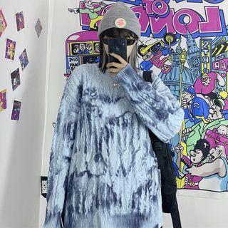 Tie-dyed Round Neck Cable-knit Sweater Aqua Blue - One Size