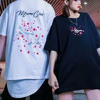 Couple Matching Crane Print Elbow-sleeve T-shirt