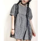 Short-sleeve Lace Panel Check A-line Dress