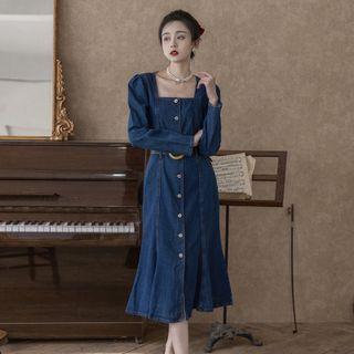 Long-sleeve Button-up Denim Midi A-line Dress