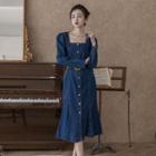 Long-sleeve Button-up Denim Midi A-line Dress