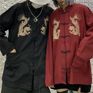 Mock-neck Embroider Button-up Oversize Top