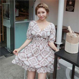 Smock-waist Paisley Mini Wrap Dress