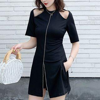 Set: Zip Detail Cold Shoulder Mini A-line Dress + Shorts