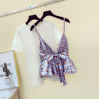 Set: Crew-neck Short-sleeve T-shirt + Floral Camisole Top