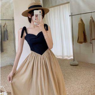 Tie-shoulder Two-tone Midi A-line Dress