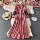V Neck Embroidered Over-sized Flare Long Sleeve Dress