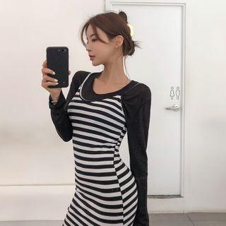 Set: Woolen Sheer Top + Striped Tank Dress Black - One Size