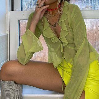 Long-sleeve Ruffle Trim Tie-front Crop Top