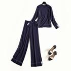 Set: Long-sleeve Contrast Stitching Top + Wide-leg Pants