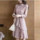Long-sleeve Ruffle-trim A-line Lace Dress
