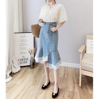 Crochet Trim Ruffle-hem Midi Straight-fit Denim Skirt