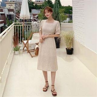 Square-neck Pattern Dress Beige - One Size