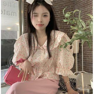 Puff-sleeve Floral Print Blouse Light Pink - One Size
