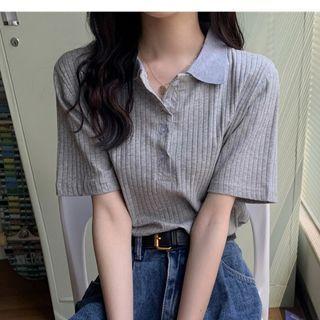 Polo Neck Wide Short-sleeve Plain Top Tee