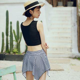 Set: Bow Accent Tankini Top + Plaid Swim Skirt