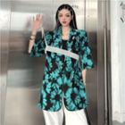 Elbow-sleeve Floral Print Double-breasted Blazer / Faux Pearl Camisole Top