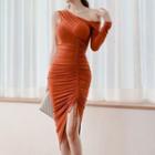 Long-sleeve Cold-shoulder Drawstring Midi Dress