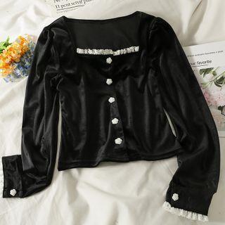Lace-trim Velvet Crop Shirt