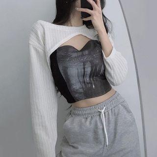 Long-sleeve Plain Knit Shrug