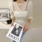 Sheer-panel Smocked Lace Blouse Ivory - One Size