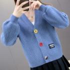 Long-sleeve Lantern-sleeve Cropped Multicolored Button Knit Sweater Cardigan