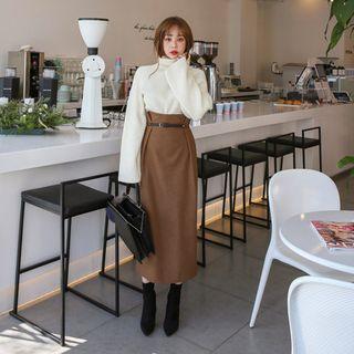 Belted Wool Blend H-line Long Skirt
