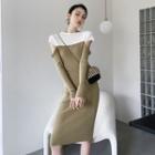 Color Panel Long-sleeve Knit Midi Dress