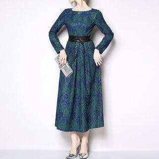 3/4-sleeve Printed Midi A-line Lace Dress