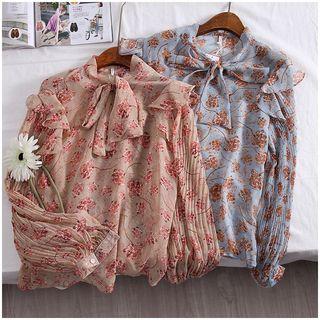 Long-sleeve Floral Printed Tie-waist Blouse Almond - M