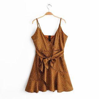 Spaghetti Strap Dotted Tie-front A-line Dress