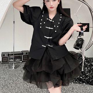 Short-sleeve Faux Pearl Shirt / Tiered Mini A-line Skirt