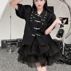 Short-sleeve Faux Pearl Shirt / Tiered Mini A-line Skirt