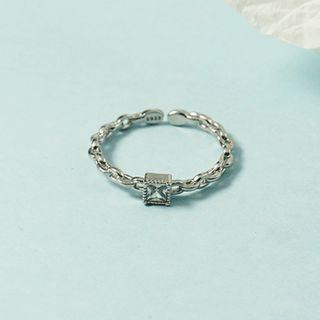 Square Rhinestone Alloy Open Ring Silver - One Size