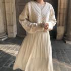 V-neck Cable-knit Sweater / Plain Long-sleeve Maxi Dress