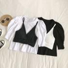 Set Of 2: Puff-sleeve Plain Top + Spaghetti Strap Cropped Top