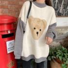 Round-neck Bear Pattern Color Block Sweater As Shown In Figure - One Size