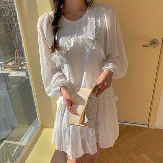 Frilled-trim Swiss-dot Tiered Dress