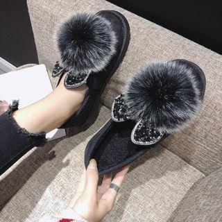 Faux Suede Pompom Rhinestone Accent Lined Loafers
