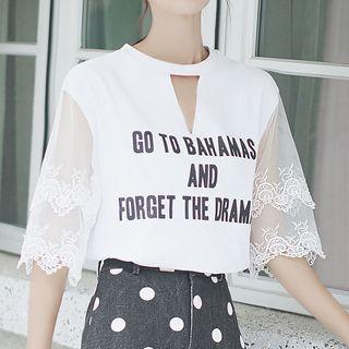 Elbow-sleeve Lace Paneled Cutout Letter T-shirt
