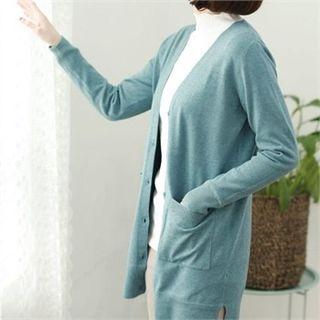 V-neck Patch-pocket Long Cardigan