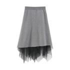Mesh Panel Midi A-line Knit Skirt