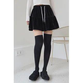 Drawstring Tiered Velvet Miniskirt