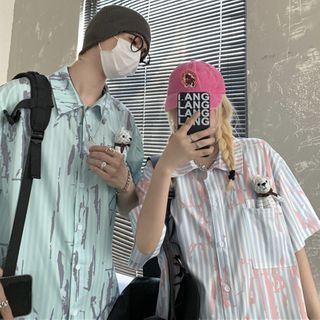 Elbow-sleeve Striped Bear-accent Shirt