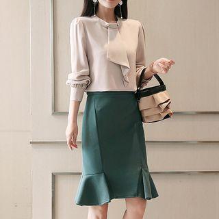 Set: Long-sleeve Blouse + Ruffle Hem Skirt
